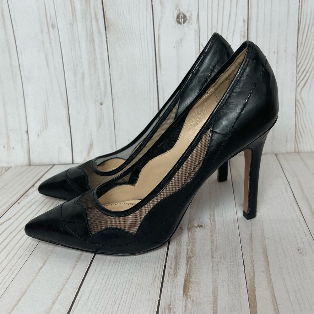 Pour La Victorie Black Leather Mesh Pumps Heels